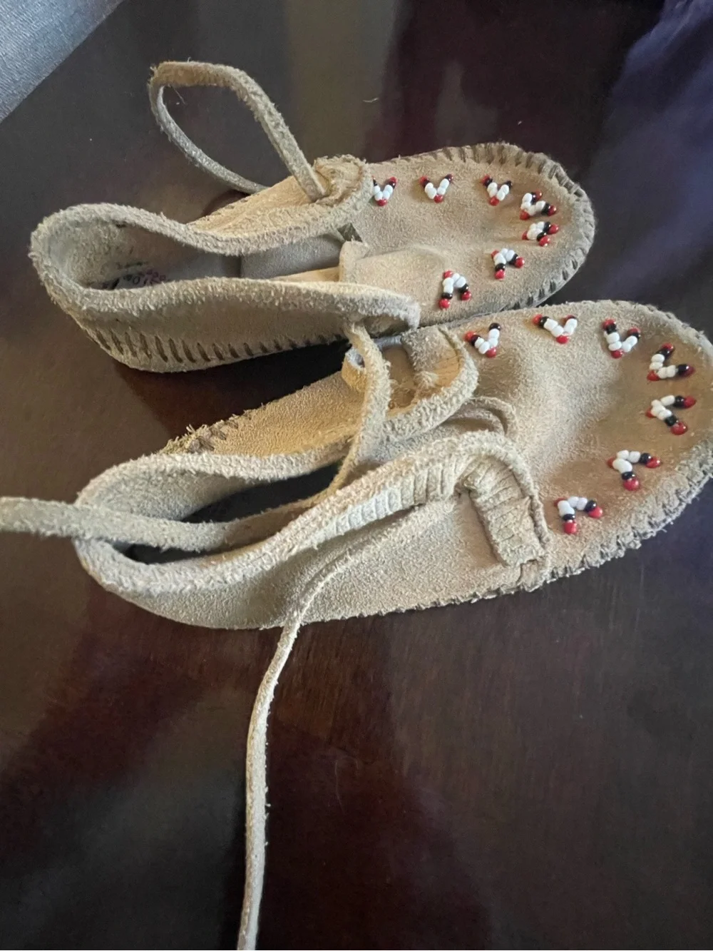 VINTAGE Kids Size 10 Minnetonka Tan Suede Beaded Moccasin with Leather Soles